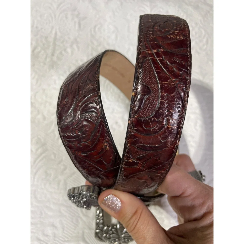 Brighton Vintage 1997 Western Tooled Leather‎ Belt Silver Floral Buckle Brown 30